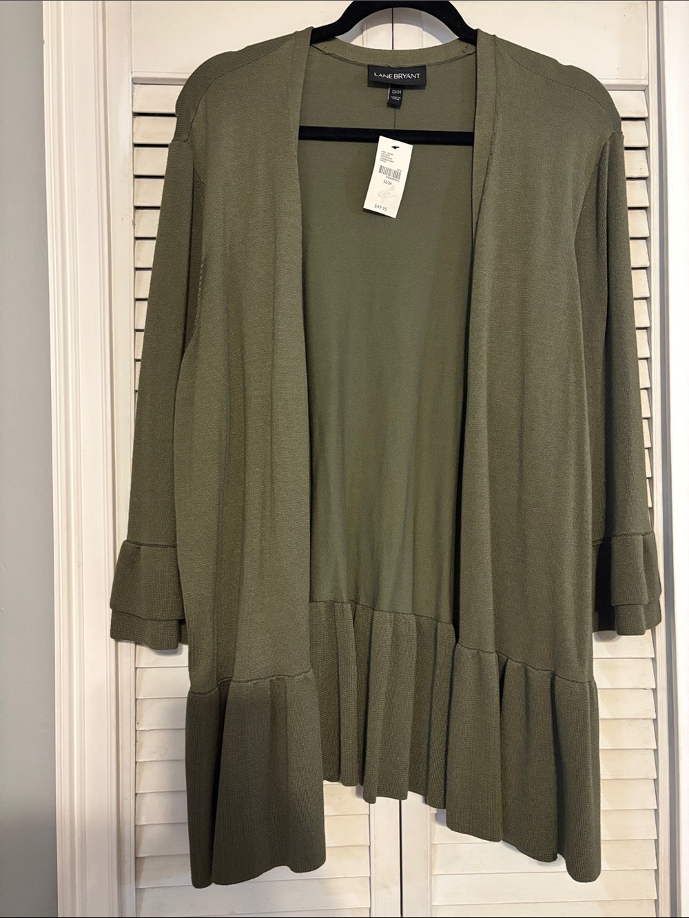 Lane Bryant Olive Green Open-Front Ruffle Hem Cardigan Jacket